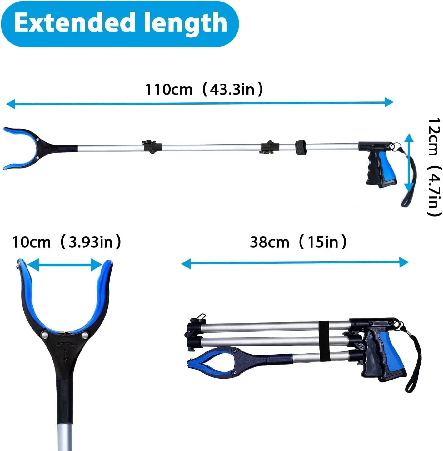 2 Pack 43" Grabber Tool, Handheld Trash Claw Pick-Up Stick Grabber, Long Heavy-Duty Aluminum Grabber, Suitable for Seniors, with 360-Degree Rotation, Anti-Slip and Magnetic Design, Blue