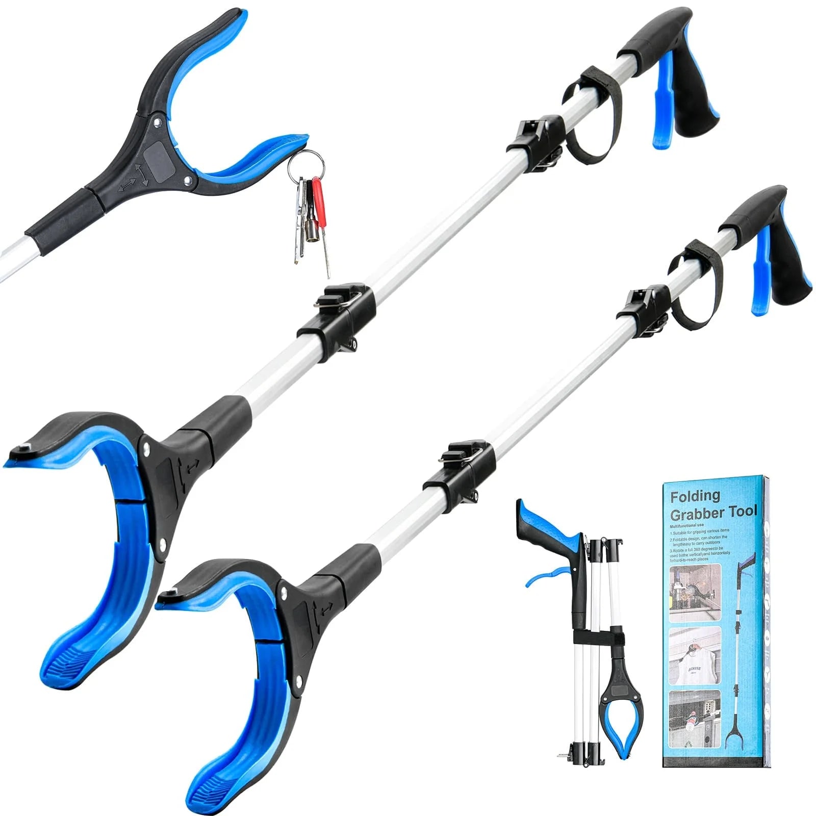 2 Pack 43" Grabber Tool, Handheld Trash Claw Pick-Up Stick Grabber, Long Heavy-Duty Aluminum Grabber, Suitable for Seniors, with 360-Degree Rotation, Anti-Slip and Magnetic Design, Blue