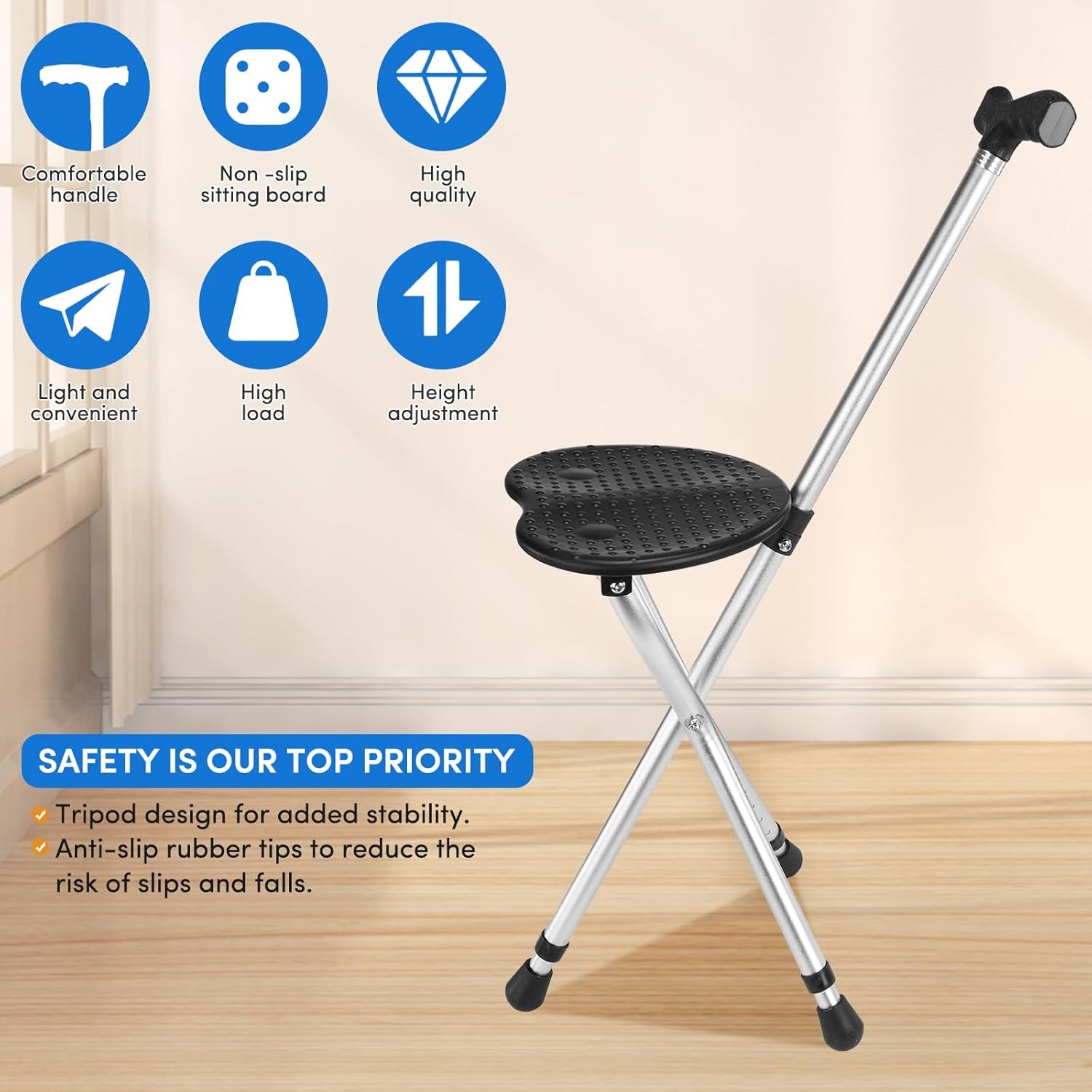 Folding Walking Cane with Seat – Adjustable, Non-Slip & Lightweight Mobility Aid