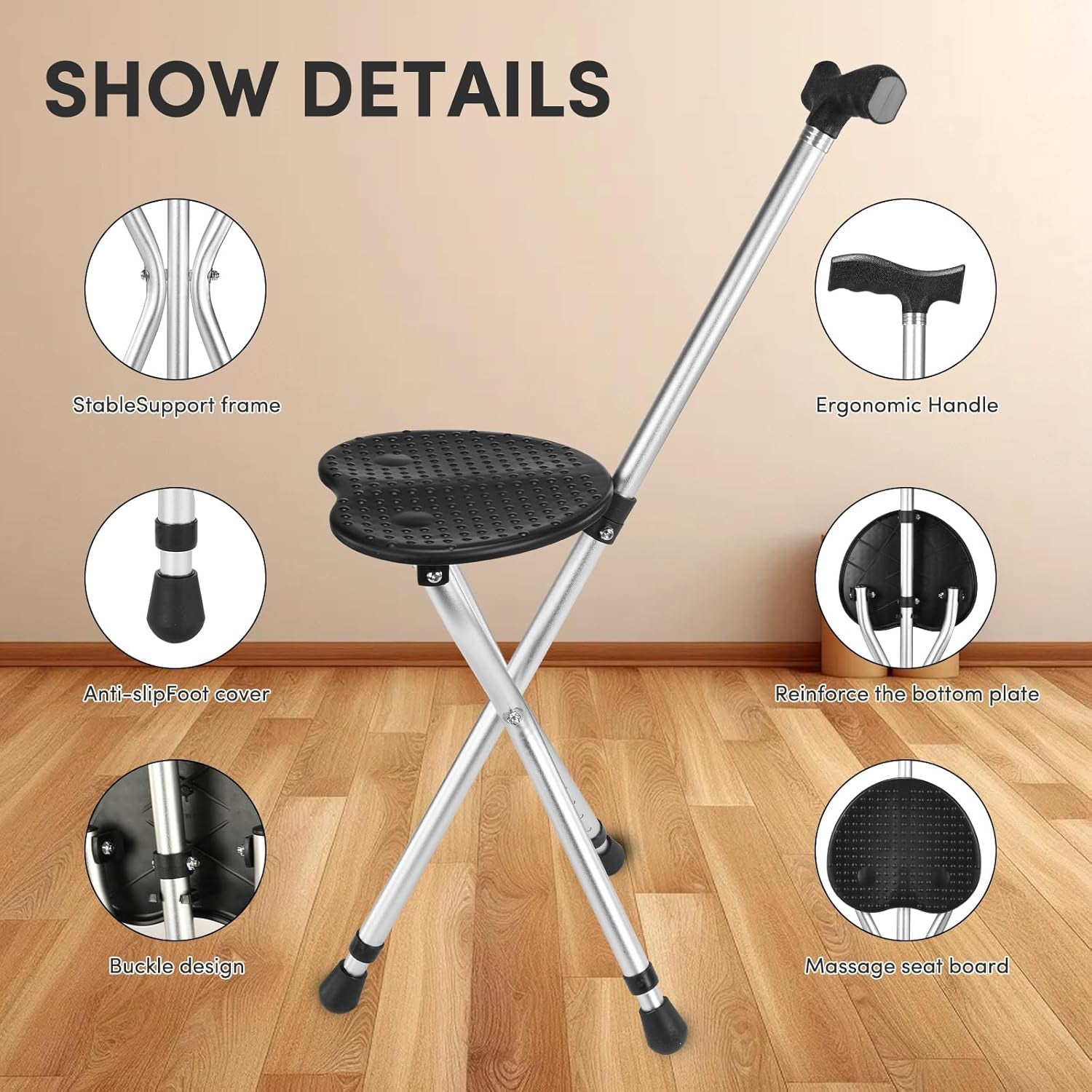 Folding Walking Cane with Seat – Adjustable, Non-Slip & Lightweight Mobility Aid